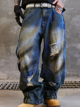 Men’s full size distressed blue denim wide leg jeans with ripped knees and studded belt lasting comfort crafted
