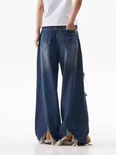 Men’s dark blue wide leg denim jeans with frayed hems and distressed details plus size full length leg jeans