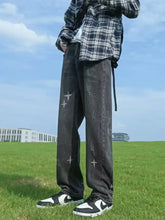 Men’s dark gray distressed denim wide leg jeans with white star embroidery and drawstring waistband plus size