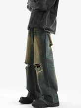Men’s full size distressed wide leg jeans in faded green and dark blue denim with knee rips detail