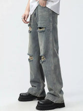 Men’s plus size distressed gray denim wide leg jeans with ripped holes and frayed edges in full size