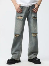 Men’s full size plus size distressed gray denim wide leg jeans with ripped patches and frayed edges
