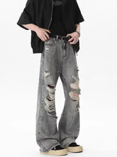 Men’s full size distressed gray denim wide leg jeans with ripped knees and frayed edges in plus size fit