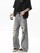Men’s grey distressed wide leg jeans with ripped knees made of denim for full size plus size leg jeans