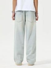Men’s light-wash denim wide leg jeans plus size with subtle distressing on back pockets showing the back side