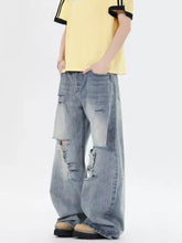 Men’s light-wash denim distressed wide leg jeans with ripped knees in full plus size for casual wear