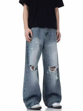 Men’s full size distressed wide leg jeans in light-wash denim with rips at knees and frayed edges