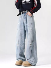 Men’s plus size light-wash denim wide-leg jeans with distressed wash patches and subtle fading for casual wear