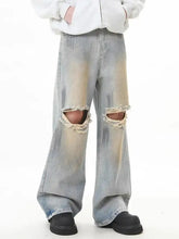 Men’s full size distressed light-wash denim wide leg jeans with frayed knee holes and plus size fit