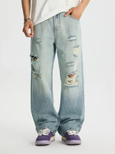 Men’s full size distressed wide leg light-wash denim jeans with ripped details and a relaxed fit