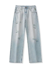 Men’s light-wash denim wide leg jeans with size distressed ripped details on thighs and knees plus size fit