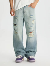 Men’s full size distressed wide leg jeans in light-wash denim with ripped details and a relaxed fit
