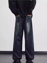 Men’s full size distressed dark indigo wide leg denim jeans with relaxed straight-cut silhouette and classic back pockets view