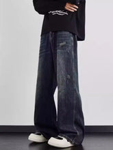 Men’s full size dark-wash denim wide leg jeans with distressed details designed for plus size wear