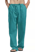 Mens teal drawstring straight leg pants with side pockets, machine wash
