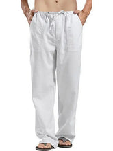 Mens white linen drawstring straight leg pants with pockets