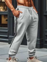 Mens light grey drawstring pants with black stripes plus size