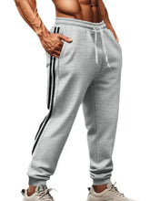 Mens plus size drawstring pants in gray with black stripes and pockets