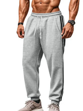 Mens full size drawstring pants in light grey with black side stripes