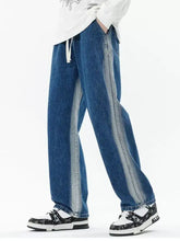Men’s blue denim wide leg jeans with faded side stripes and a drawstring waistband in relaxed fit plus size