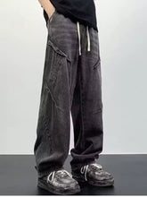 Men’s dark gray distressed denim cargo wide leg jeans with multiple pockets and drawstring waist plus size