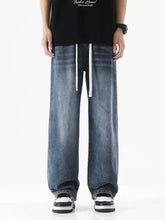 Men’s blue denim wide leg jeans with white drawstrings full size plus size relaxed fit
