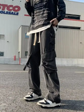 Men’s full size black cargo pants with multiple pockets beige drawstrings wide leg design for plus size wear