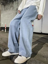 Men’s light-wash denim wide leg jeans plus size with relaxed straight cut and full size drawstring waistband