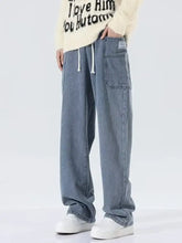 Men’s light-wash denim wide leg jeans with drawstring waist and front patch pocket in full size plus size