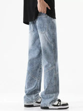 Men’s plus size light-wash denim wide leg jeans with relaxed straight leg cut and visible stitching details