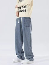 Men’s light-wash denim drawstring wide leg jeans with front pockets in full size plus size for comfortable wear