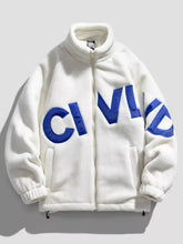 Men’s full size white fleece zip up jacket with bold blue civic lettering on chest in plus size design