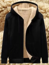 Men’s plus size black fleece lined zip-up hoodie with plush beige sherpa lining and drawstrings for warmth