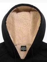 Men’s plus size black hooded sweatshirt with plush beige sherpa lined zip fleece and sport brand label