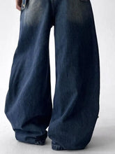 Men’s dark indigo denim frayed hem wide leg jeans in full size with a relaxed fit for plus size wear