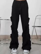 Men’s black distressed denim wide-leg jeans with frayed layered fringe trim for plus size fashion