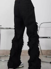 Men’s black denim wide-leg jeans with fringe trim and frayed textured cuffs in plus size design