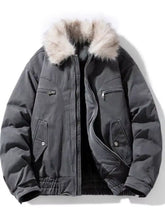 Men’s plus size dark gray puffer jacket with plush light beige faux-fur collar and front zippered pockets sleeve length visible