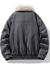 Men’s dark gray full size bomber jacket with a light beige faux-fur collar and elasticated sleeve length cuffs