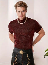 Men's Full Size Glitter Mock Neck Short Sleeve Top Plus Size Burgundy Mens Tops