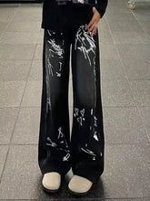 Men’s black wide-leg jeans with bold white graffiti print wide design in full size plus size options