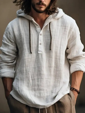 Men's Full Size Half Button Long Sleeve Hoodie Ivory Mens Tops