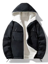 Men’s full size black hooded fleece lined windproof jacket with white fleece lining and two front pockets