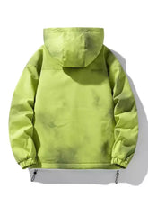 Men’s full size hooded fleece lined windproof jacket in vibrant lime green with smooth reflective fabric and elastic cuffs