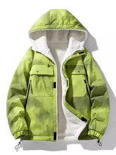 Men’s full size lime green hooded windproof jacket with plush white fleece lining and black zipper accents