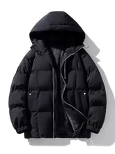 Men’s full size black hooded puffer jacket with quilted design, silver zipper accents, and internal padding for winter