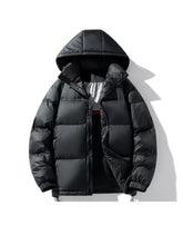 Men’s black full size hooded puffer jacket with quilted design and drawstring hem machine wash cold recommended