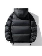 Men’s full size black hooded puffer jacket with horizontal stitching and drawstring hem machine wash cold