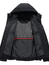 Men’s full size hooded puffer jacket in black with quilted hood and mesh chest panel accented by red stripe plus size