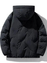 Men’s full size black hooded puffer jacket with quilted design and side pockets plus size winter outerwear